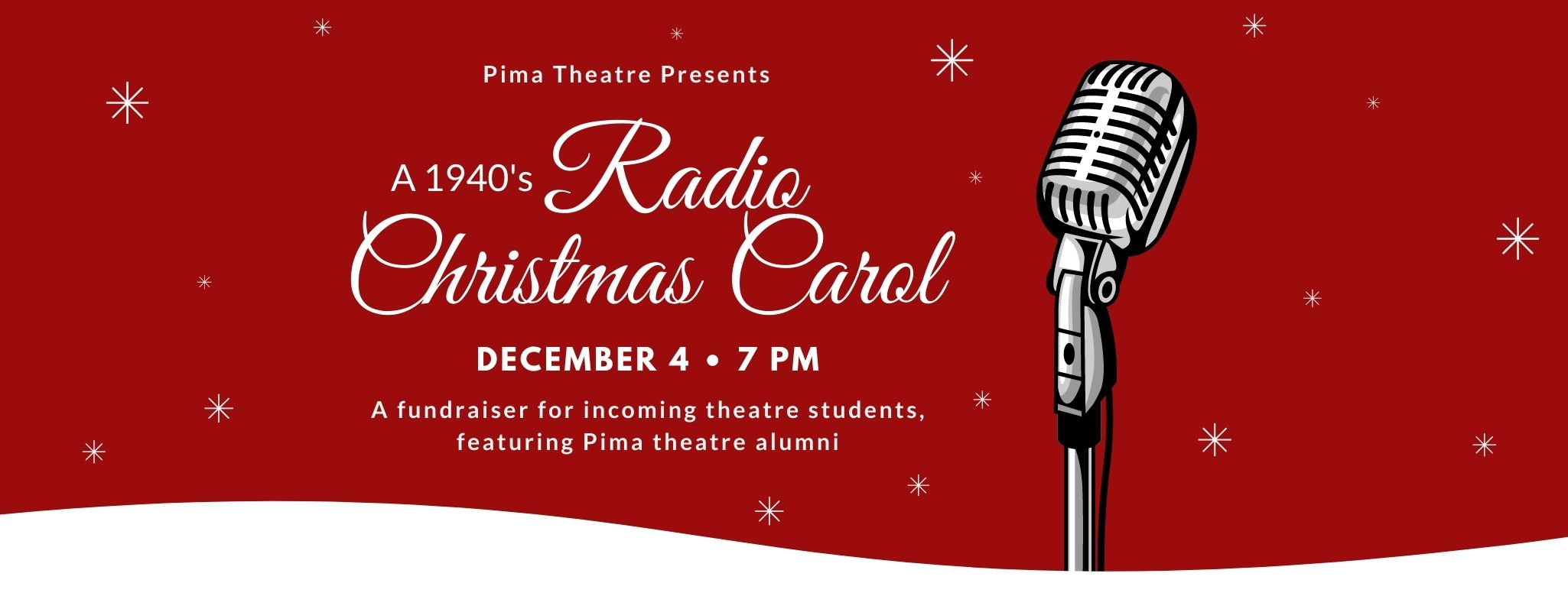 Radio Christmas Carol Event Flyer - red background with white stars and retro microphone