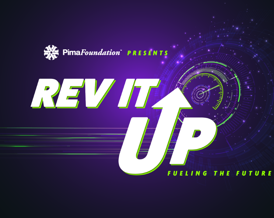 Purple, green, and white Rev it Up logo that says, "PimaFoundation Presents Rev It Up Fueling the Future."