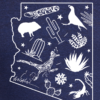 T-shirt design featuring the outline of the state of Arizona which encases various Sonoran desert plants and animals and the Pima Alumni Logo